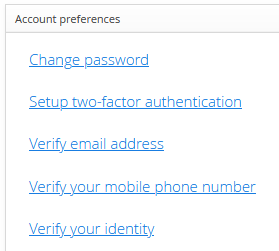 Dashboard's Account preferences panel, with the Verify your identity link