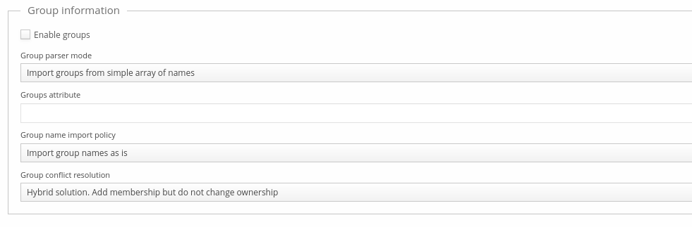 User directory editor's Group information section, with group parser mode, attribute, name import policy, and conflict resolution settings