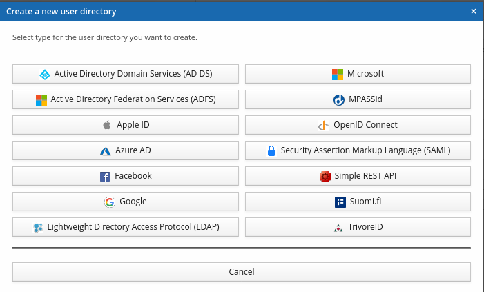 Create a new user directory dialog, listing available directory types including Active Directory Federation Services (ADFS)