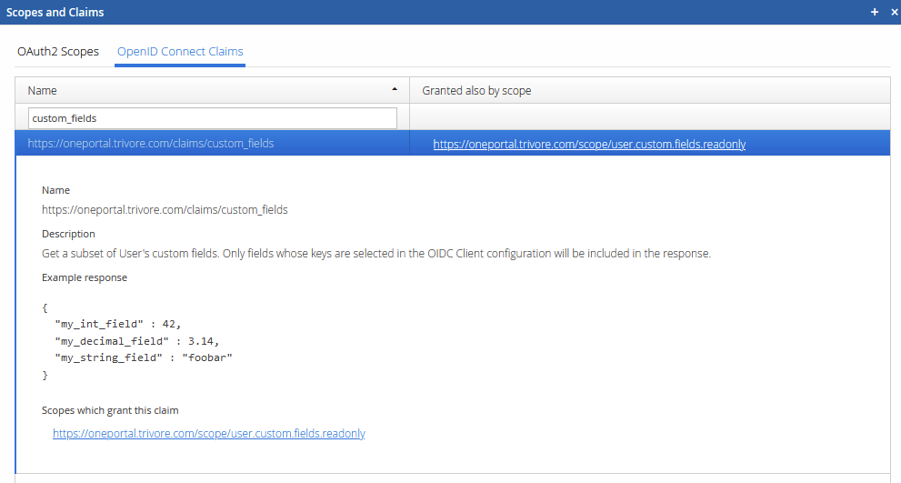 Scopes and Claims tool, showing the custom_fields claim, its example response, and the scope that grants it
