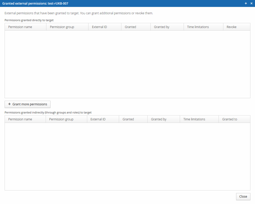 Granted external permissions dialogue, listing permissions granted directly and indirectly (through groups and roles) to the account