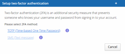 Setup two-factor authentication dialog, listing TOTP and SMS as available methods