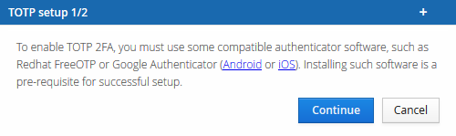 TOTP setup step 1 of 2, prompting to install a compatible authenticator app
