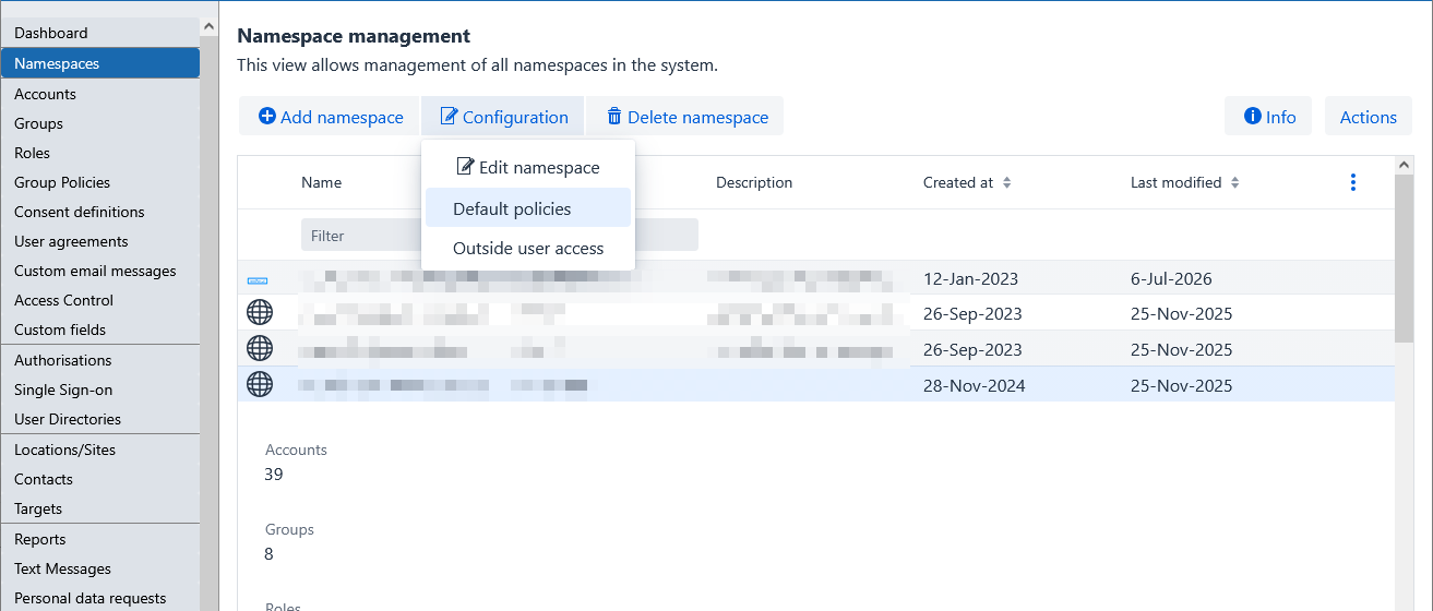 Namespace management view with the Configuration menu open, showing the Default policies option