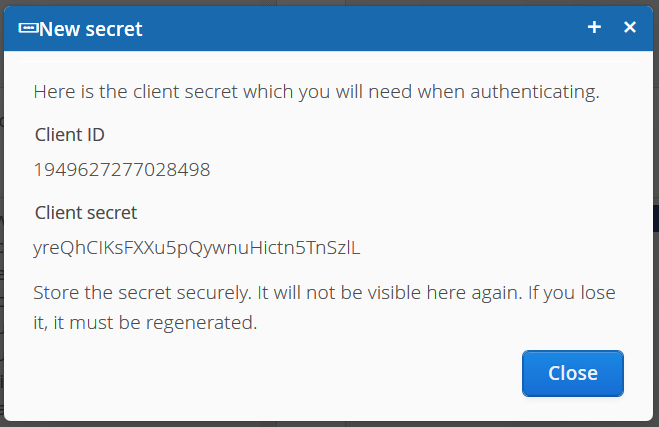 New secret pop-up, showing the generated Client ID and Client secret