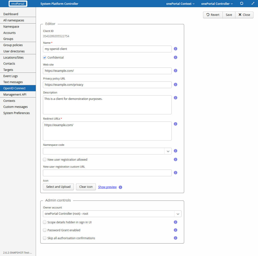 OIDC client editor, with Client ID, Name, Confidential, Web site, Redirect URLs, and Admin controls