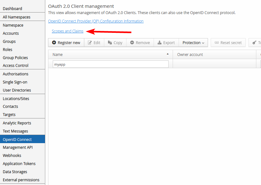 OpenID Connect client list, with the Scopes and Claims link highlighted