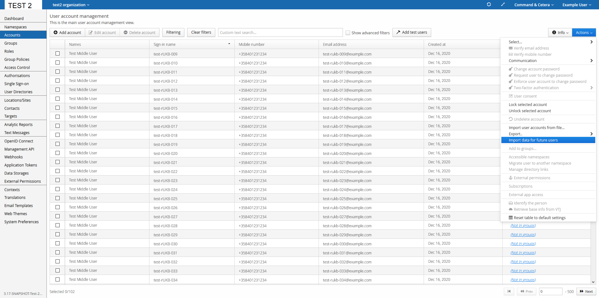 Accounts view Actions menu, with Import data for future users selected