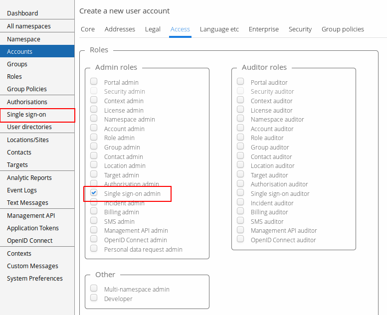 Roles tab of the account editor, with the Single sign-on admin checkbox highlighted among the other admin roles