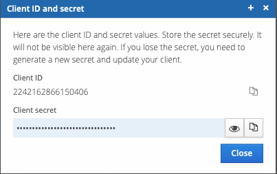 Client ID and secret dialog, shown once after creating the OpenID client