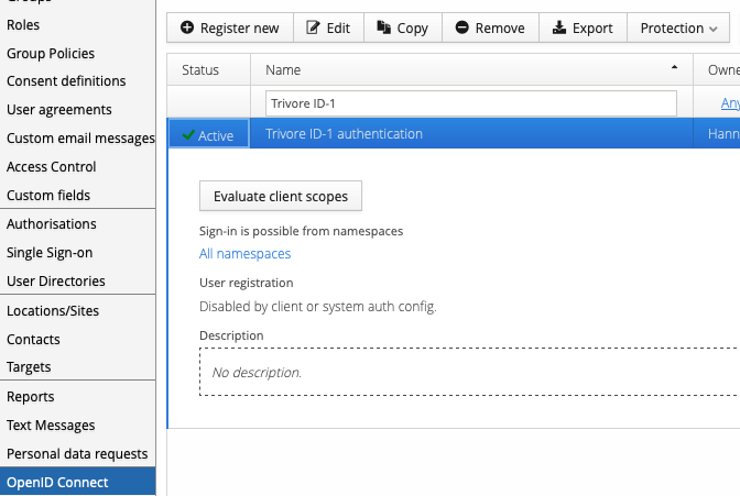 OpenID Connect client list, with the Trivore ID-1 authentication client selected