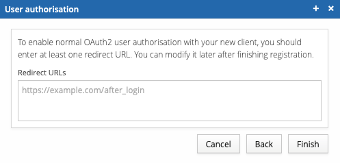 User authorisation dialog, with an empty Redirect URLs field